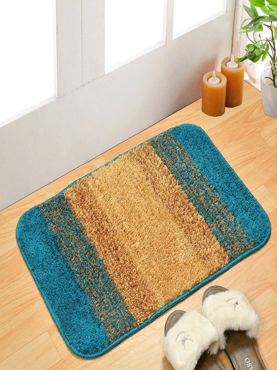 Homefab India Blue & Beige 4 Pieces 1000 GSM Pure Microfiber Anti-Skid Bath Rugs