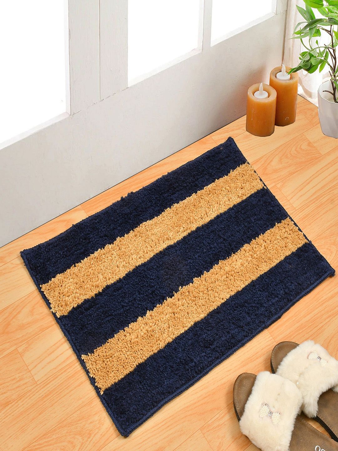 Homefab India Navy-Blue 4 Pieces Striped 1000 GSM Pure Microfiber Anti-Skid Bath Rugs