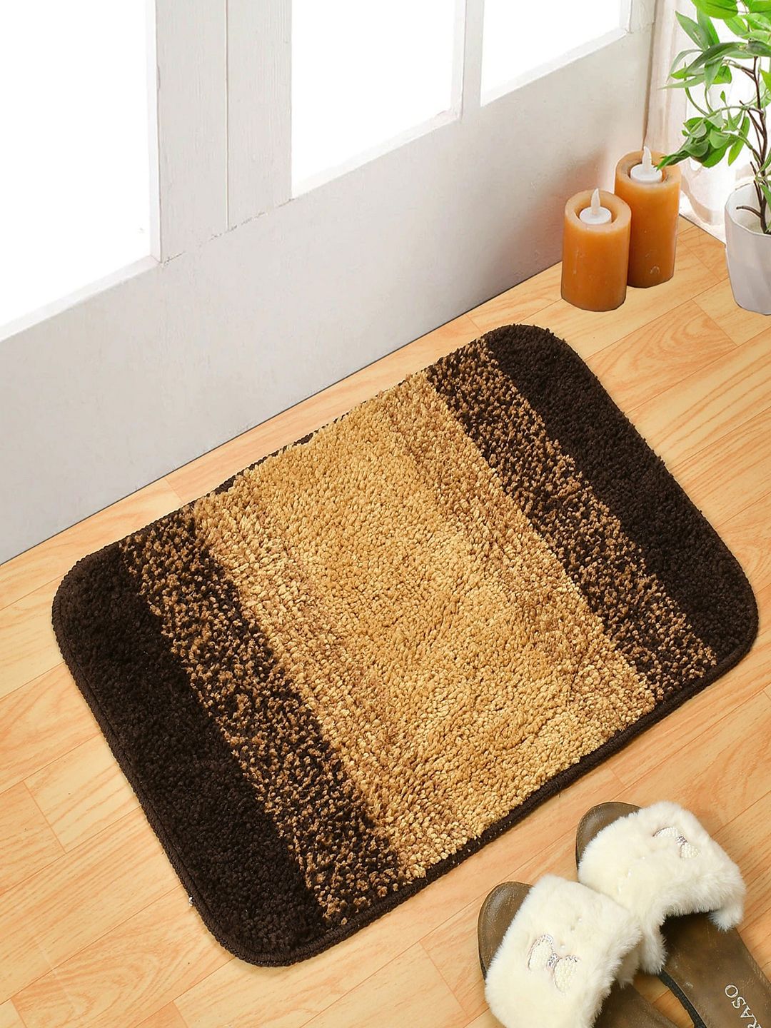Homefab India Brown & Blue 4 Pieces 1000 GSM Pure Microfiber Anti-Skid Bath Rugs
