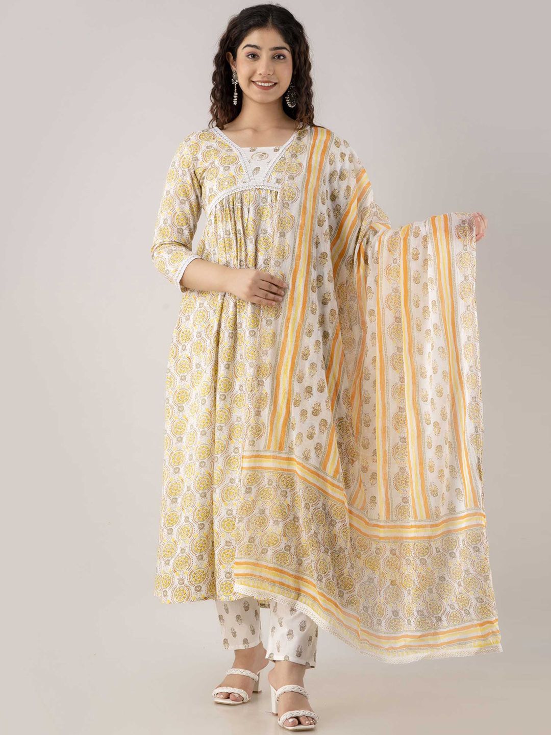 FASHION DEPTH Floral Printed Pure Cotton Kurta with Trousers & With Dupatta Price in India