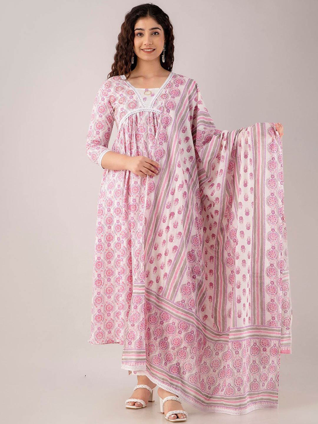 FASHION DEPTH Floral Printed Mirror Work Pure Cotton Kurta with Trousers & Dupatta Price in India