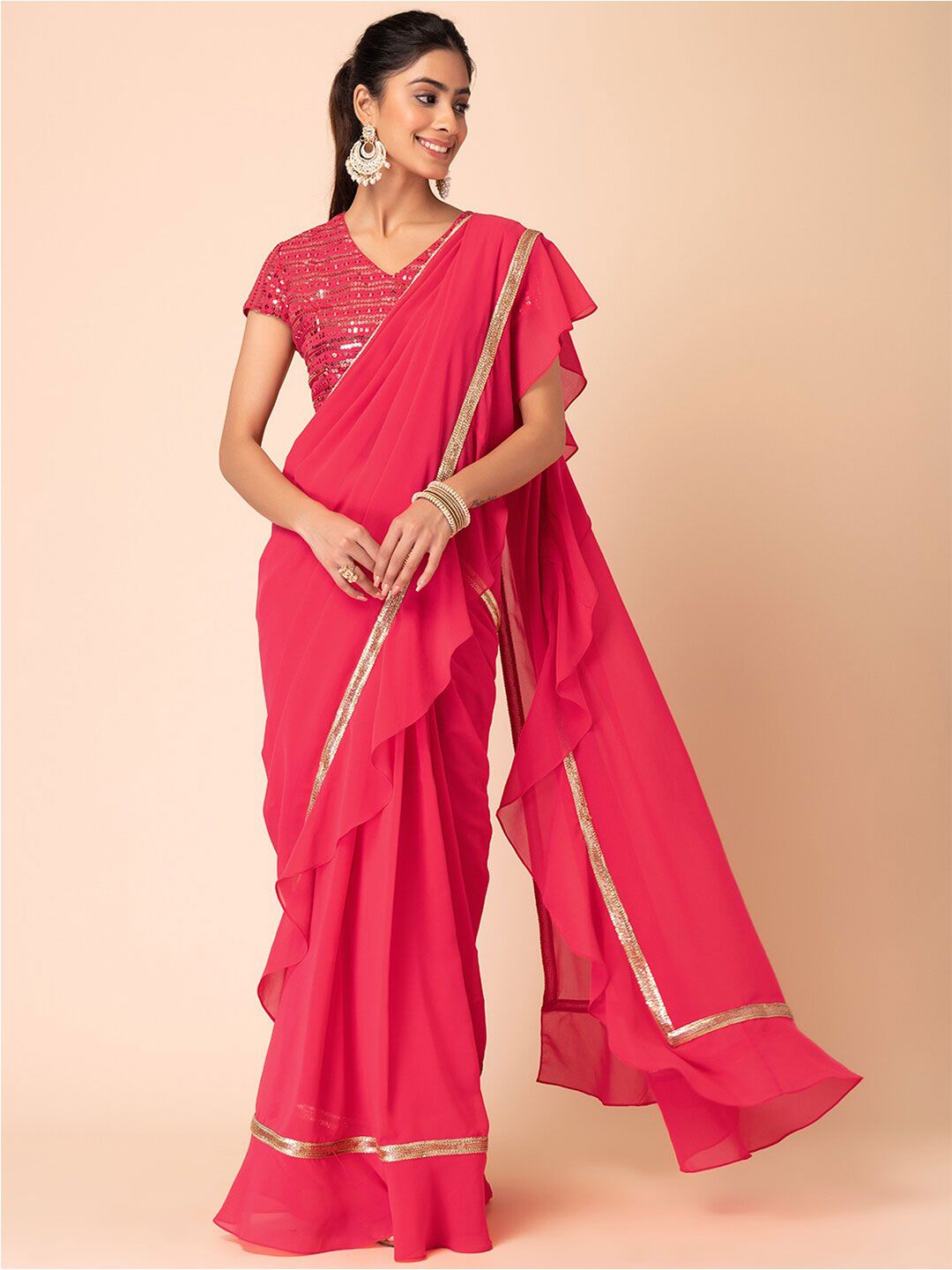 Hot Pink Pre-Stitched Saree Price in India