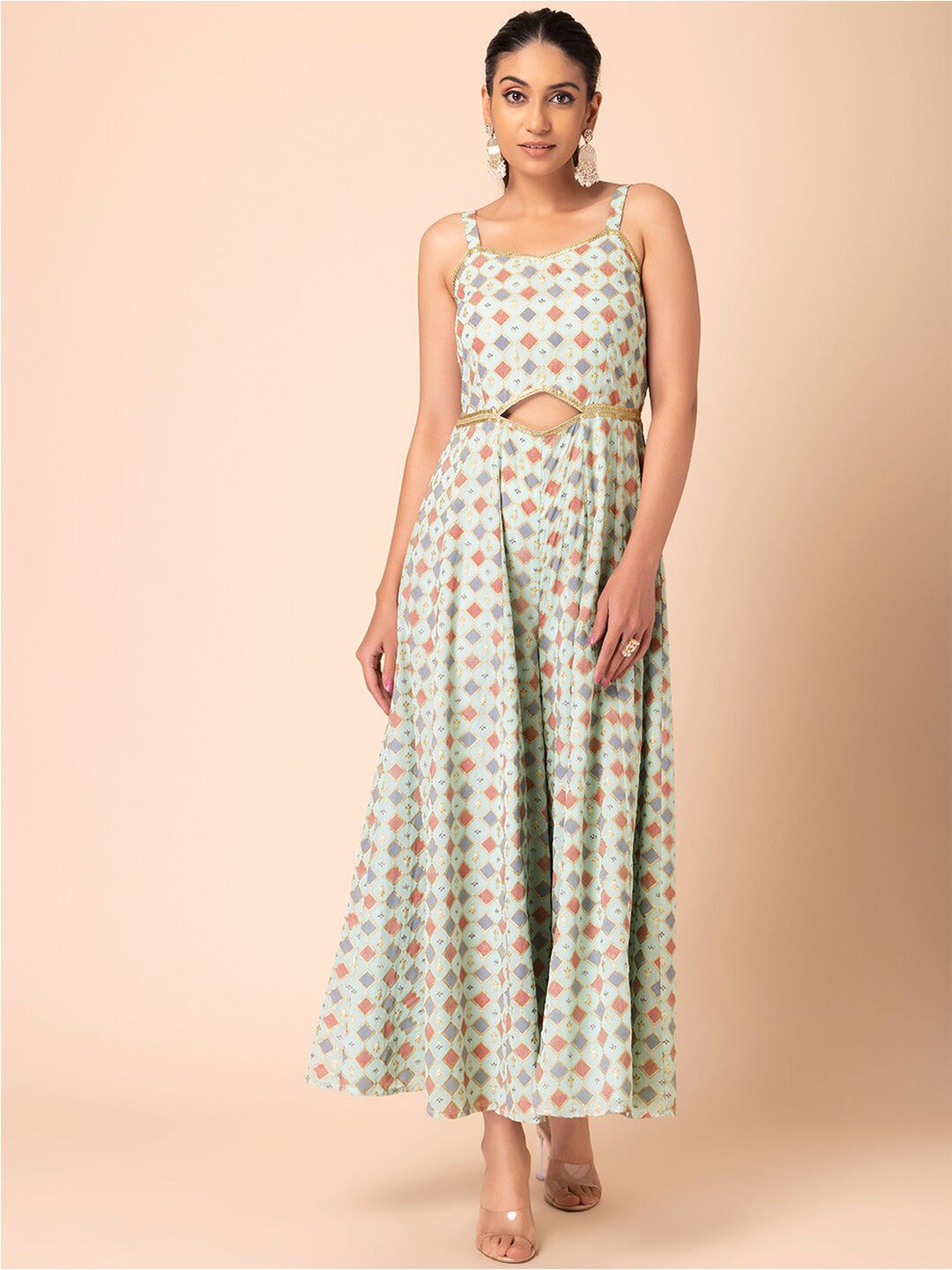 INDYA Women Light Green Printed Cut Out Waist Jumpsuit Price in India