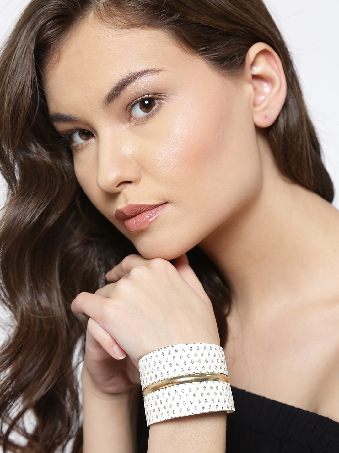 YouBella Gold-Toned & White Stone-Studded Cuff Bracelet Price in India