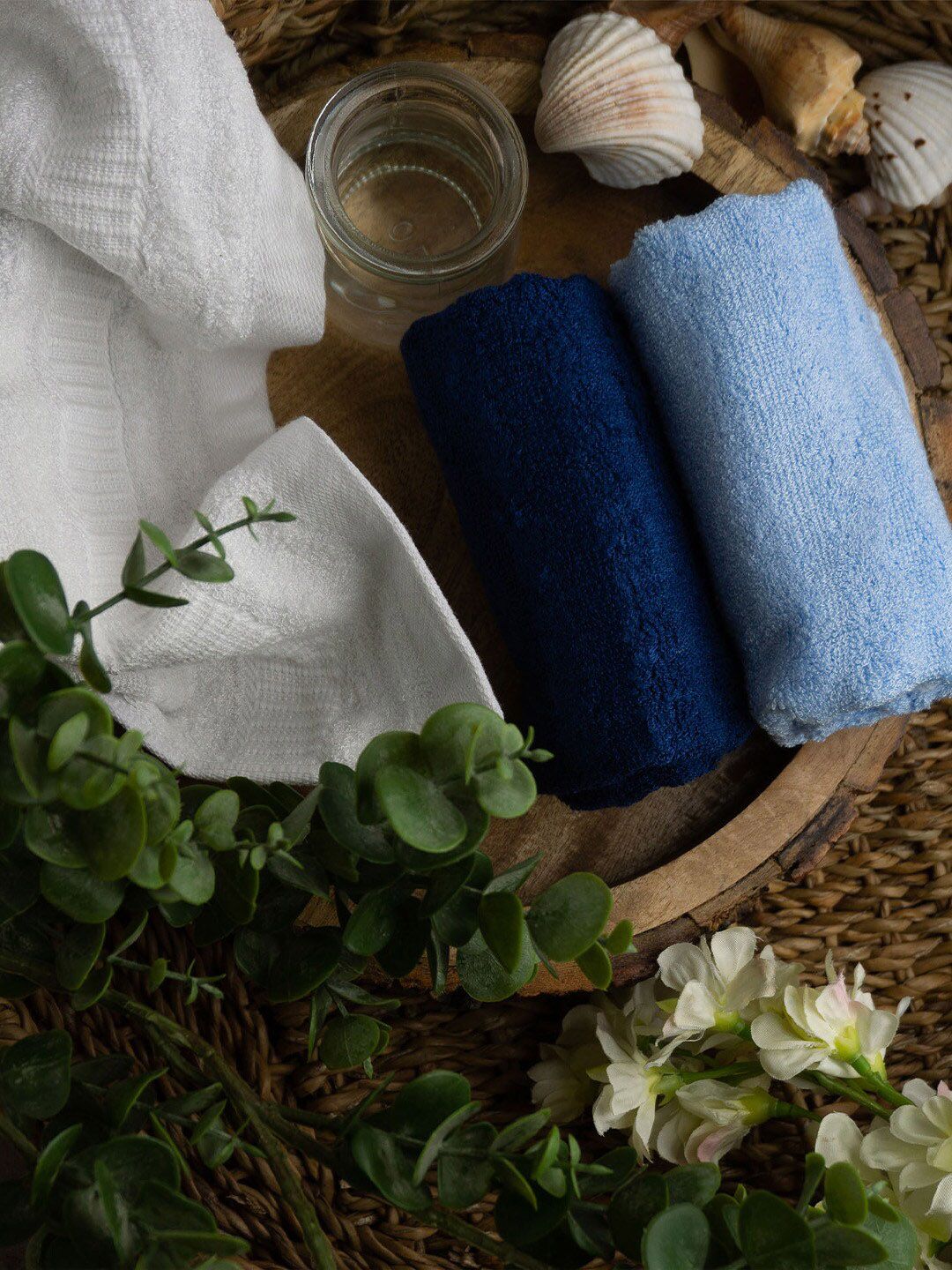 MUSH Navy Blue & White 3-Pieces 553 GSM Pure Bamboo Antibacterial Face Towels