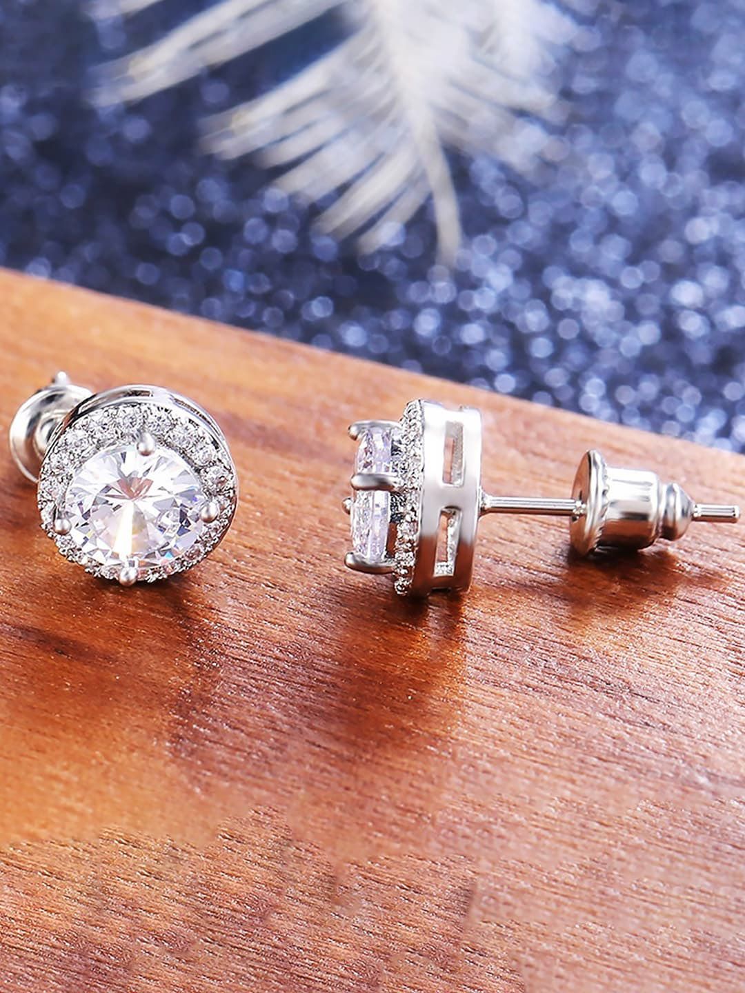Peora Silver-Plated Contemporary American Diamond Studded Studs Earrings