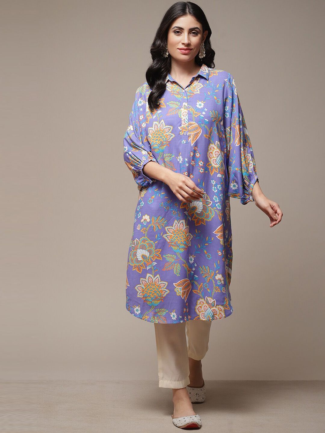 Biba Biba Floral Printed Shirt Collar Kurta