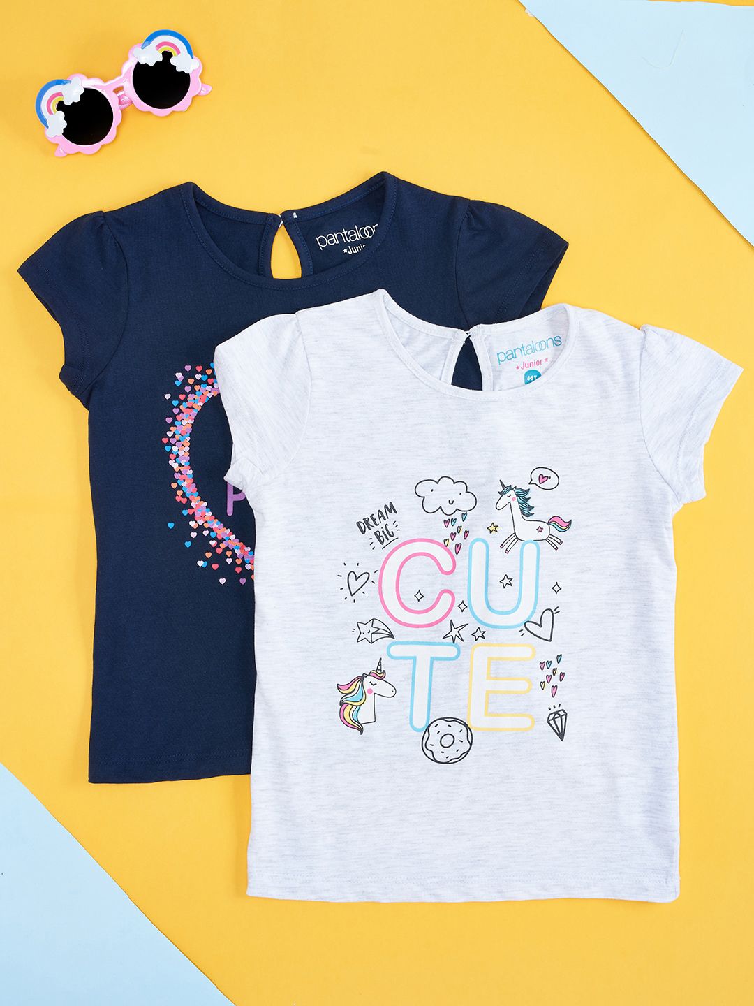 Pantaloons Junior Girls Pack Of 2 Typography Printed Cap Sleeves Cotton T-shirt