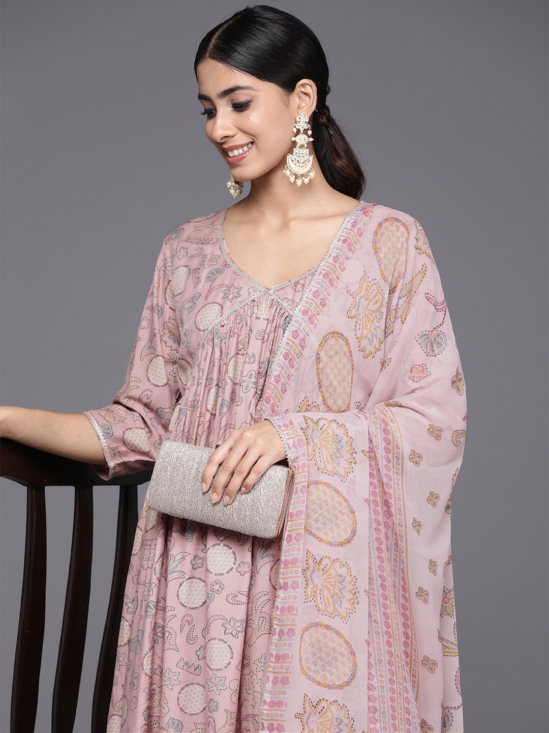 Libas Women Floral Printed Pleated Gotta Patti Kurta with Trousers & With Dupatta Price in India