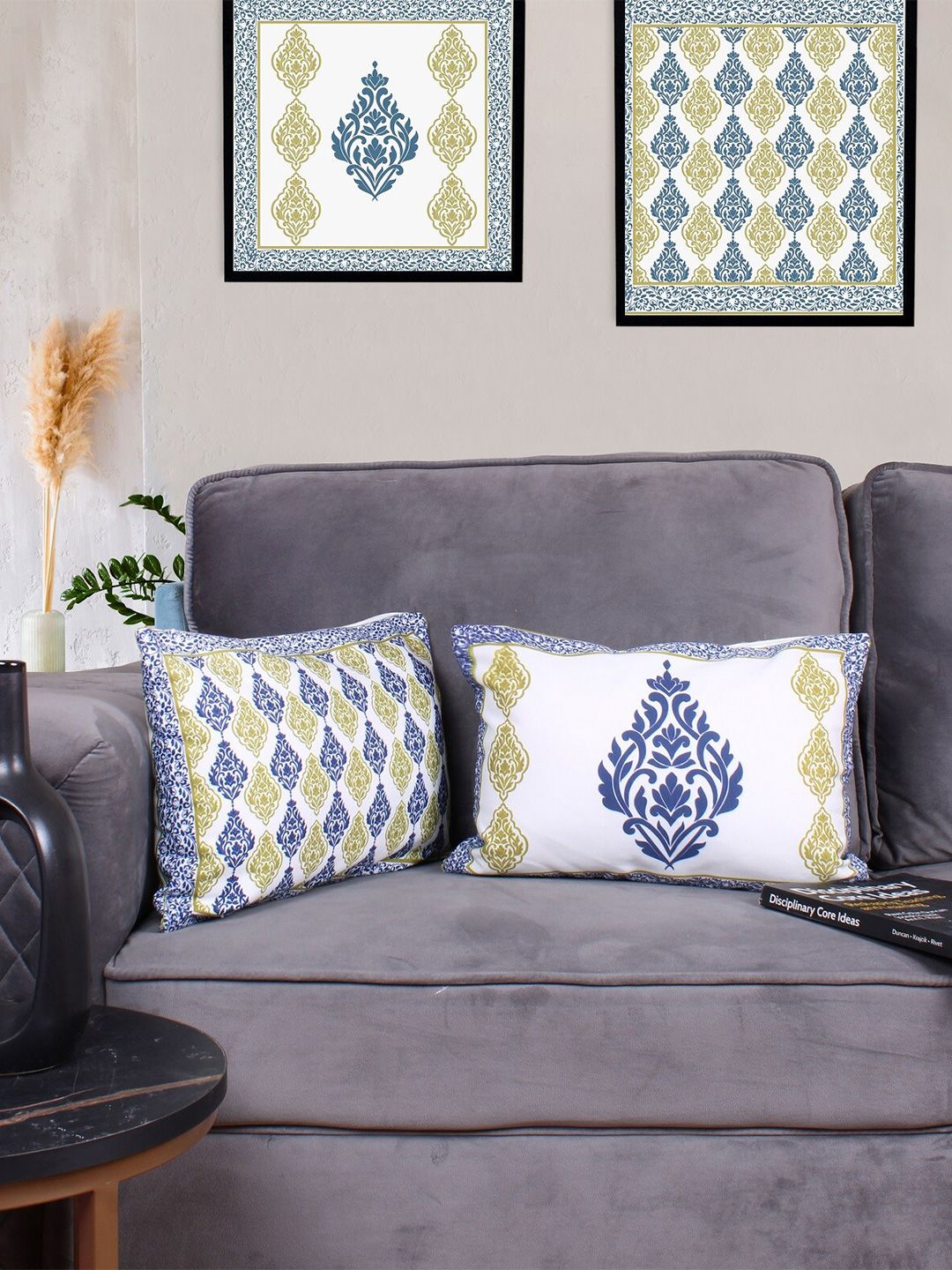 STITCHNEST Set of 2 Blue & White Cotton Canvas Cushion Cover