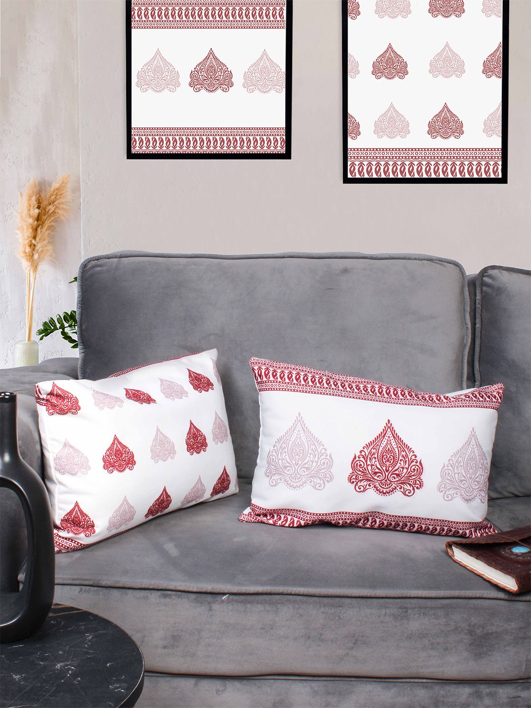STITCHNEST Set of 2 Red & White Cotton Canvas Cushion Cover