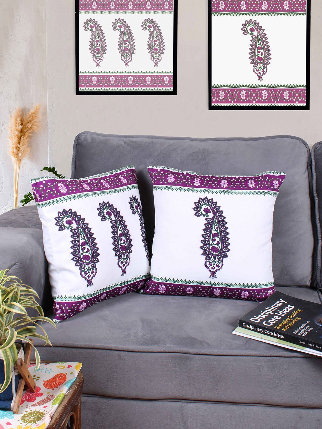 STITCHNEST Set of 2 Pink & White Cotton Canvas Cushion Cover