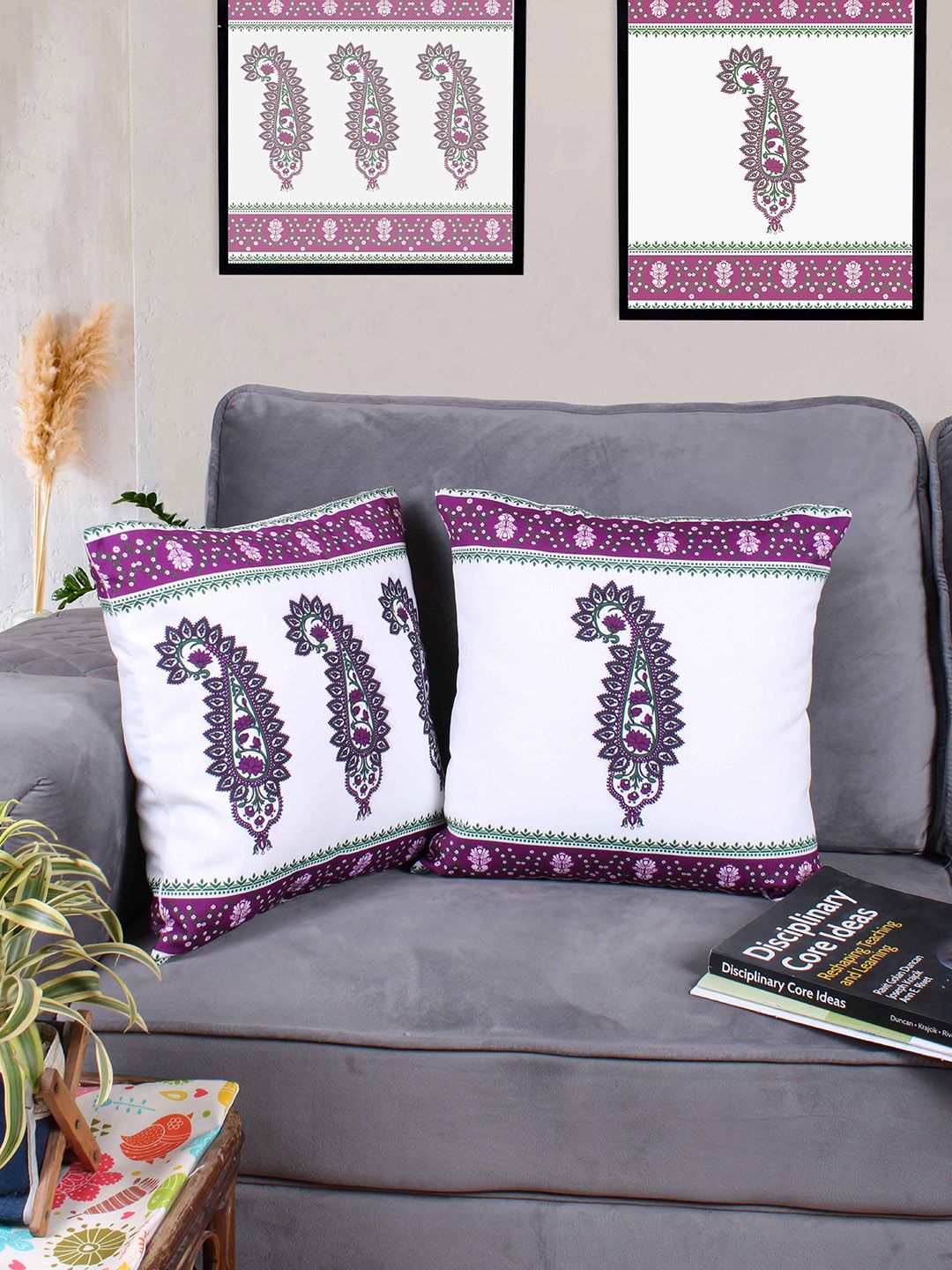 STITCHNEST Set of 2 White & Purple Cotton Canvas Cushion Cover