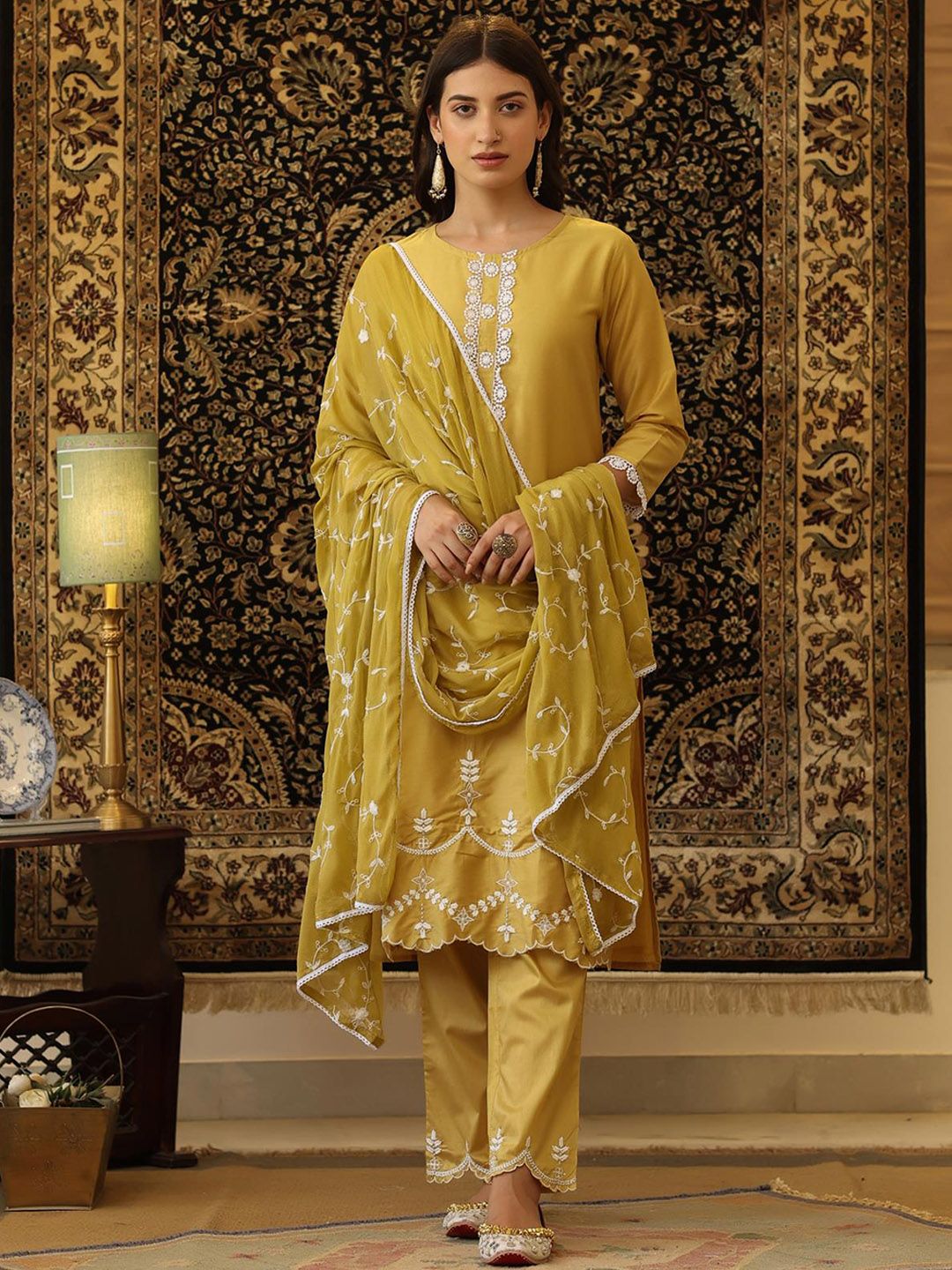 SCAKHI Women Mustard Yellow Embroidered Panelled Thread Work Kurta with Trousers & With Dupatta Price in India