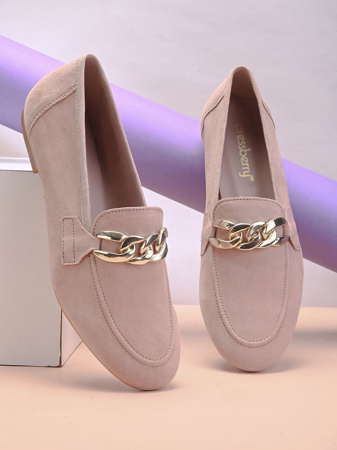 DressBerry Nude-Coloured And Gold-Toned Embellished Leather Ballerinas