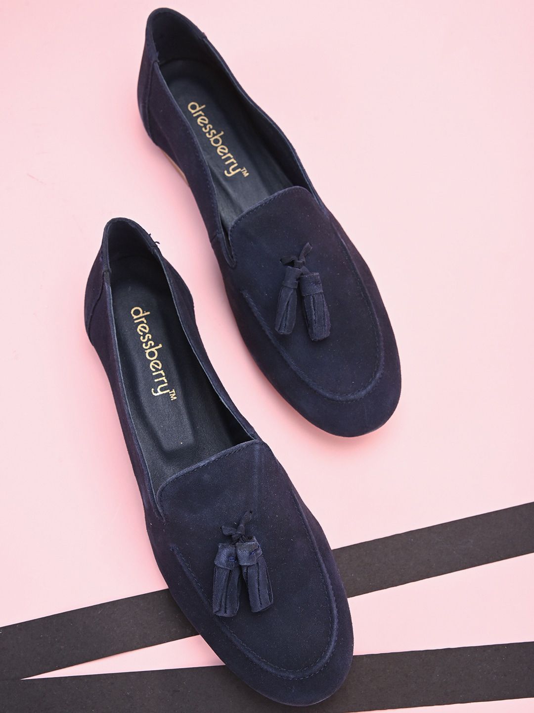 DressBerry Navy Blue Tasseled Leather Ballerinas