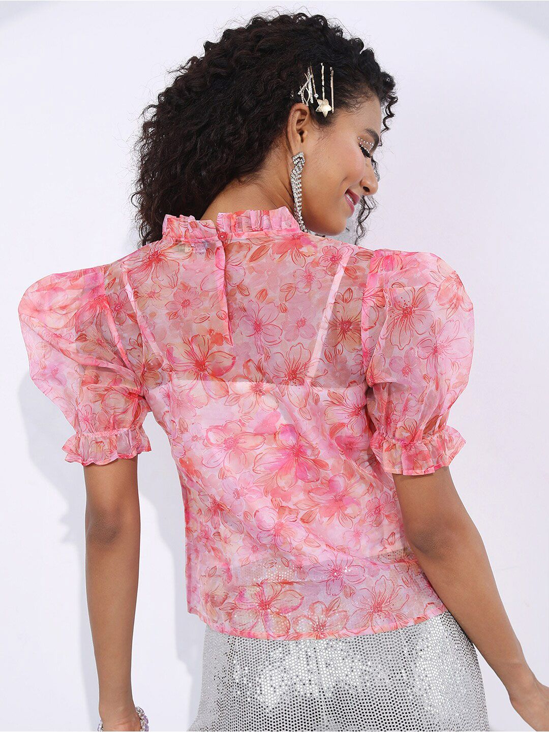 Buy Tokyo Talkies Red Floral Printed Puff Sleeve Organza Top