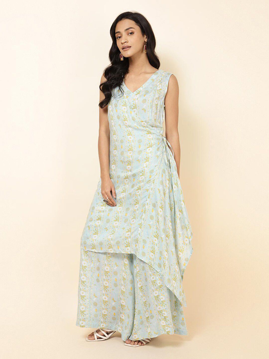 Fabindia Blue Floral Printed Basic Ethnic Jumpsuit Price in India