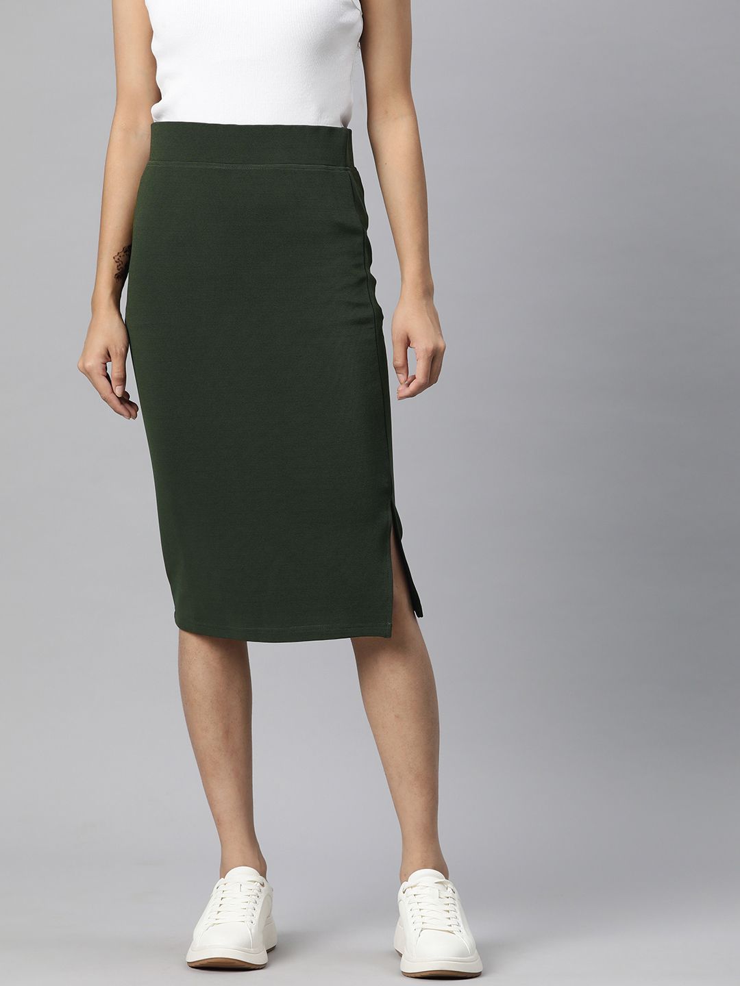 Popnetic Olive Solid Side Slit Pencil Skirt Price in India
