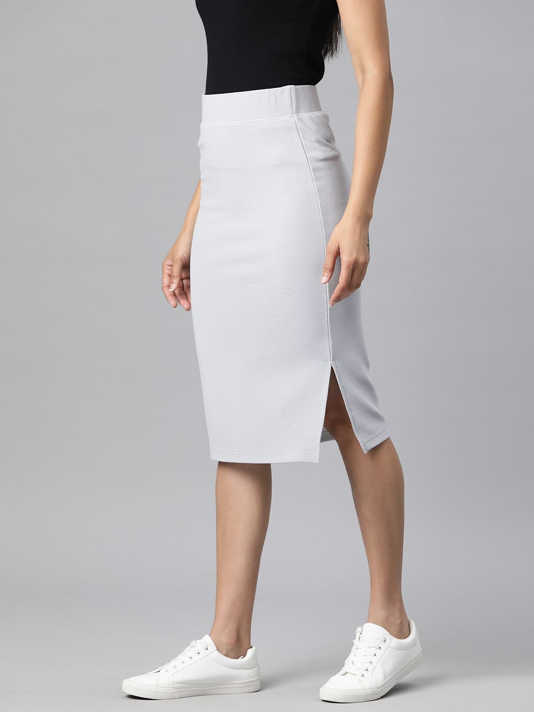 Popnetic Grey Solid Side Slit Pencil Skirt Price in India