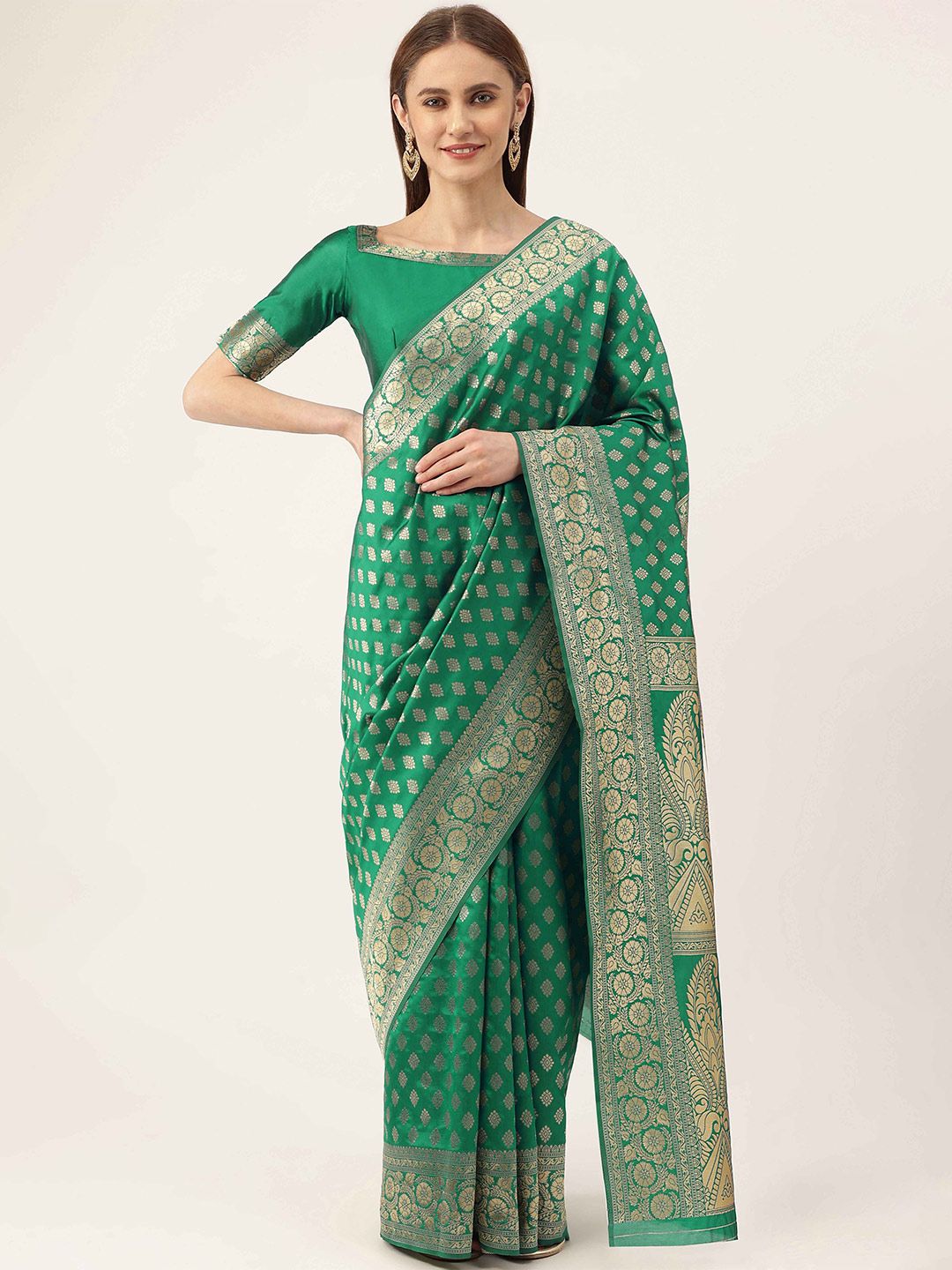 HERE&NOW Green & Gold-Toned Woven Design Silk Blend Designer Banarasi Saree Price in India