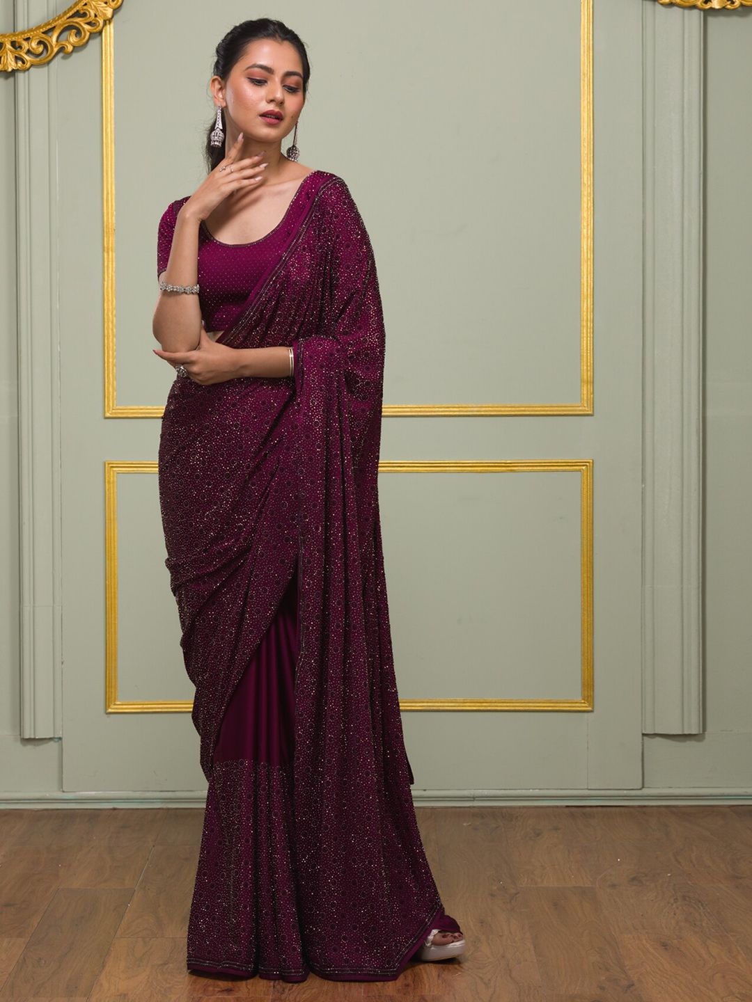Koskii Embellished Stones Work Poly Crepe Saree With Blouse Piece Price in India