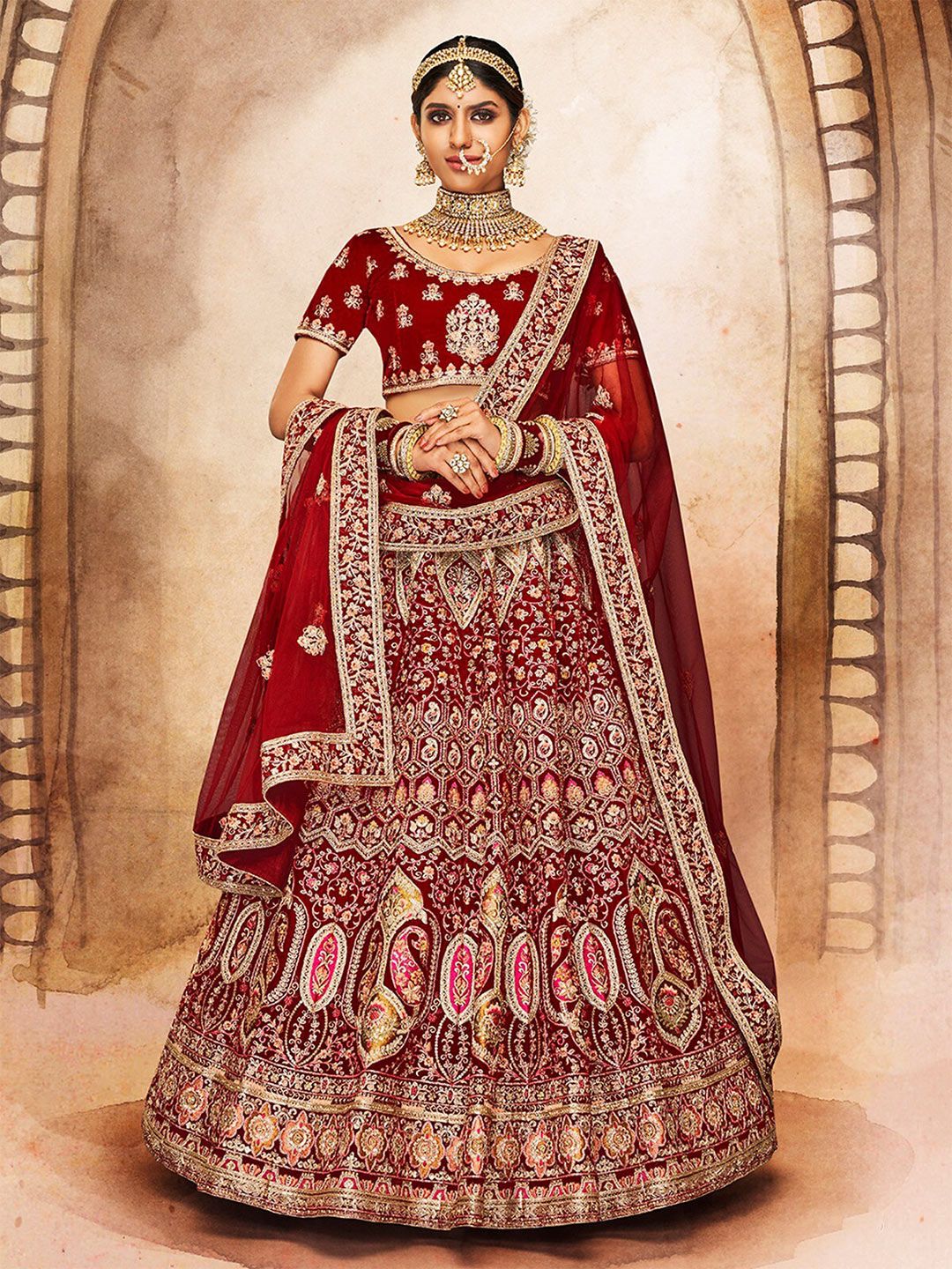 ODETTE Embellished Thread Work Semi-Stitched Lehenga & Unstitched Blouse With Dupatta