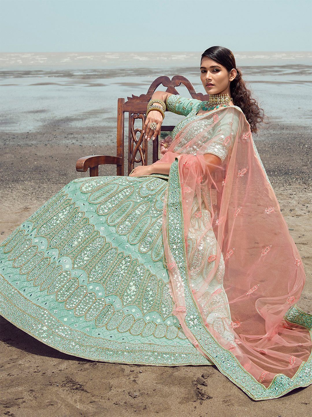 ODETTE Embroidered Mirror Work Semi-Stitched Lehenga & Unstitched Blouse With Dupatta Price in India