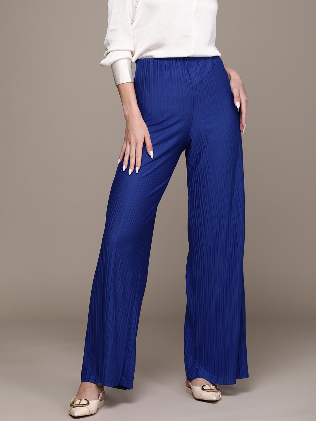 MANGO Women Wide Leg Pleated Trousers Price in India