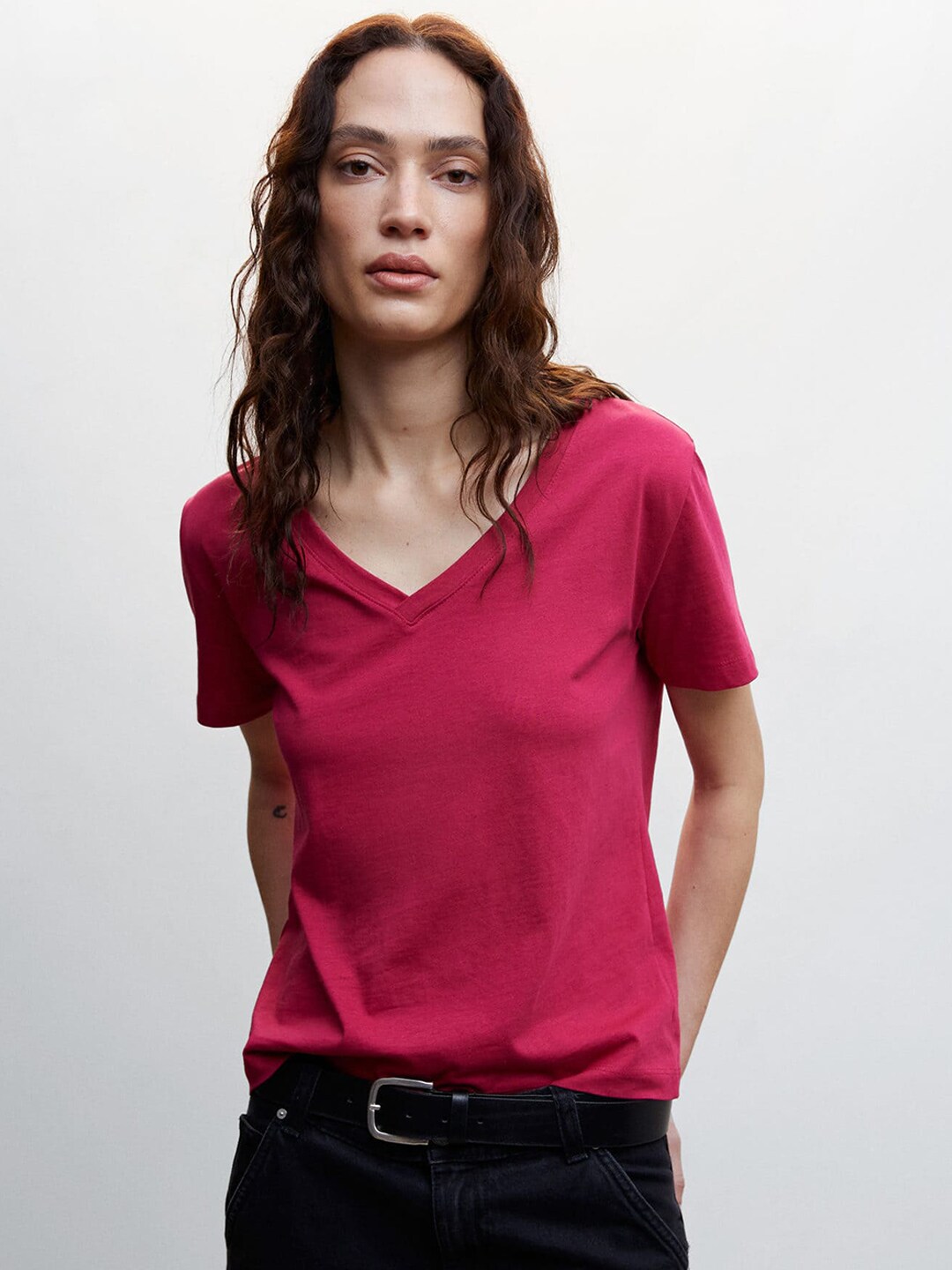 MANGO Sustainable V-Neck Pure Cotton T-shirt Price in India