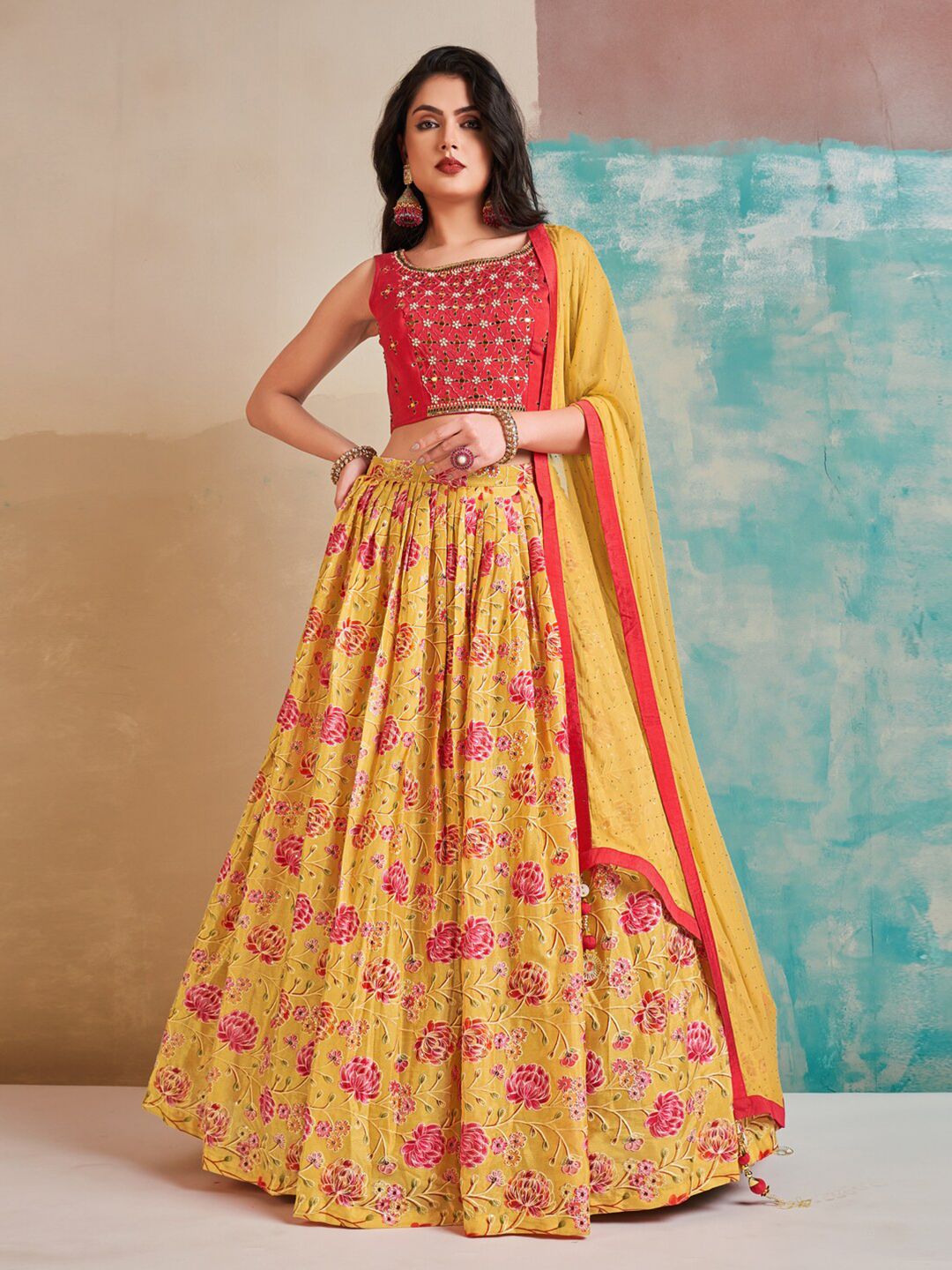 Fusionic Yellow & Red Embroidered Beads and Stones Ready to Wear Lehenga & Blouse With Dupatta Price in India