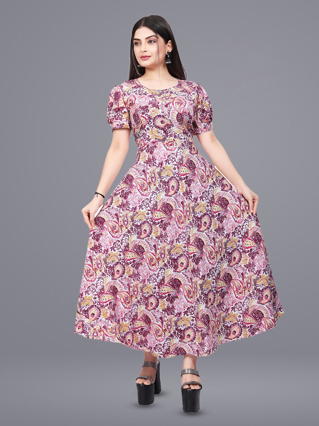 N N ENTERPRISE Pink Ethnic Motifs Print Puff Sleeve Fit & Flare Maxi Dress Price in India