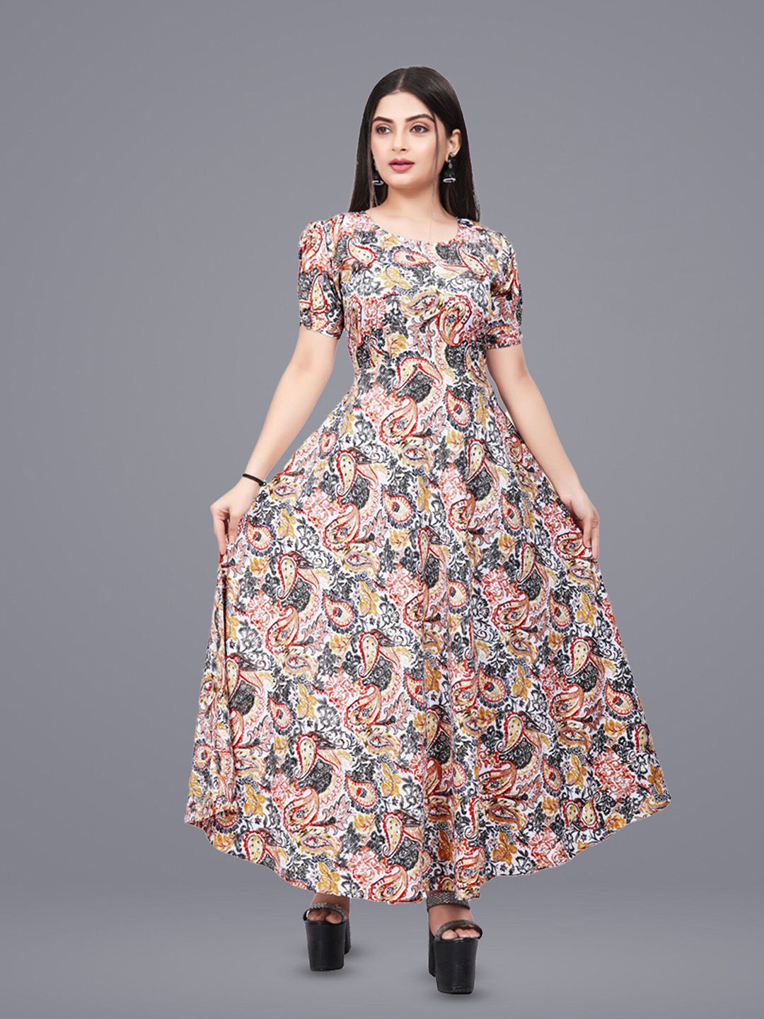 N N ENTERPRISE Floral Printed Puff Sleeves Fit and Flare Dress Price in India
