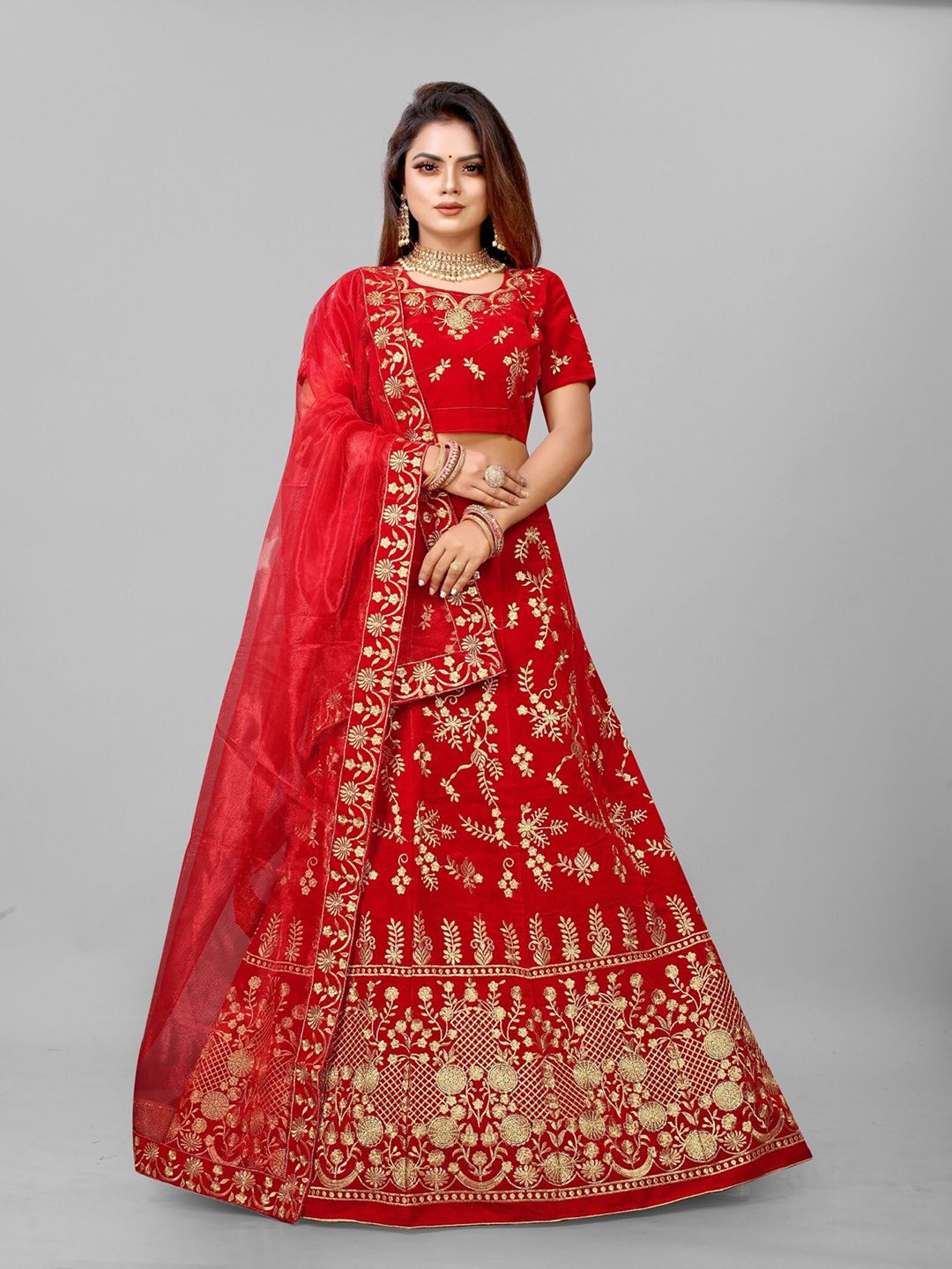 APNISHA Red & Gold-Toned Embroidered Thread Work Semi-Stitched Lehenga & Unstitched Blouse With Dupatta Price in India