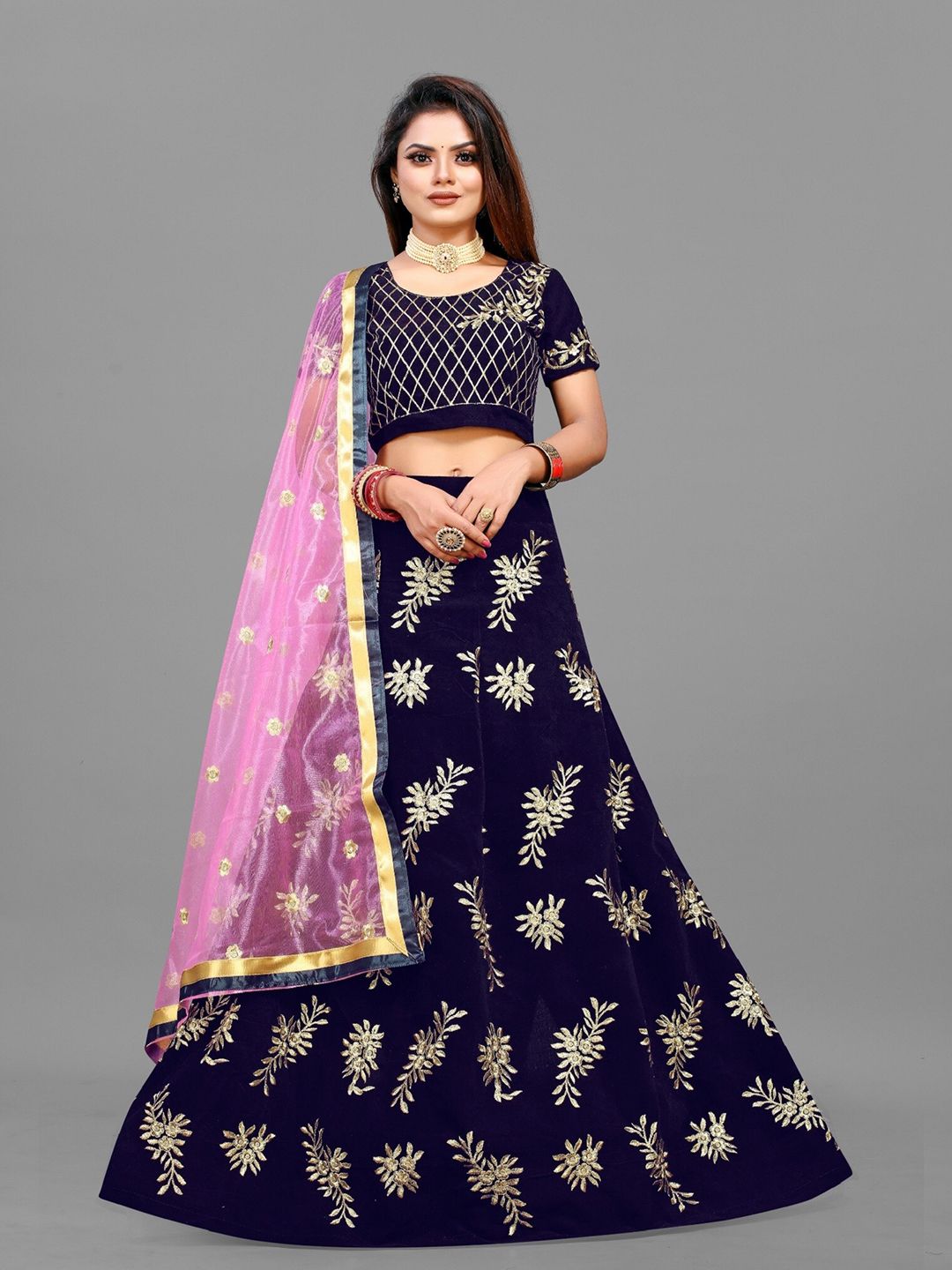 APNISHA Embroidered Thread Work Semi-Stitched Lehenga & Unstitched Blouse With Dupatta Price in India