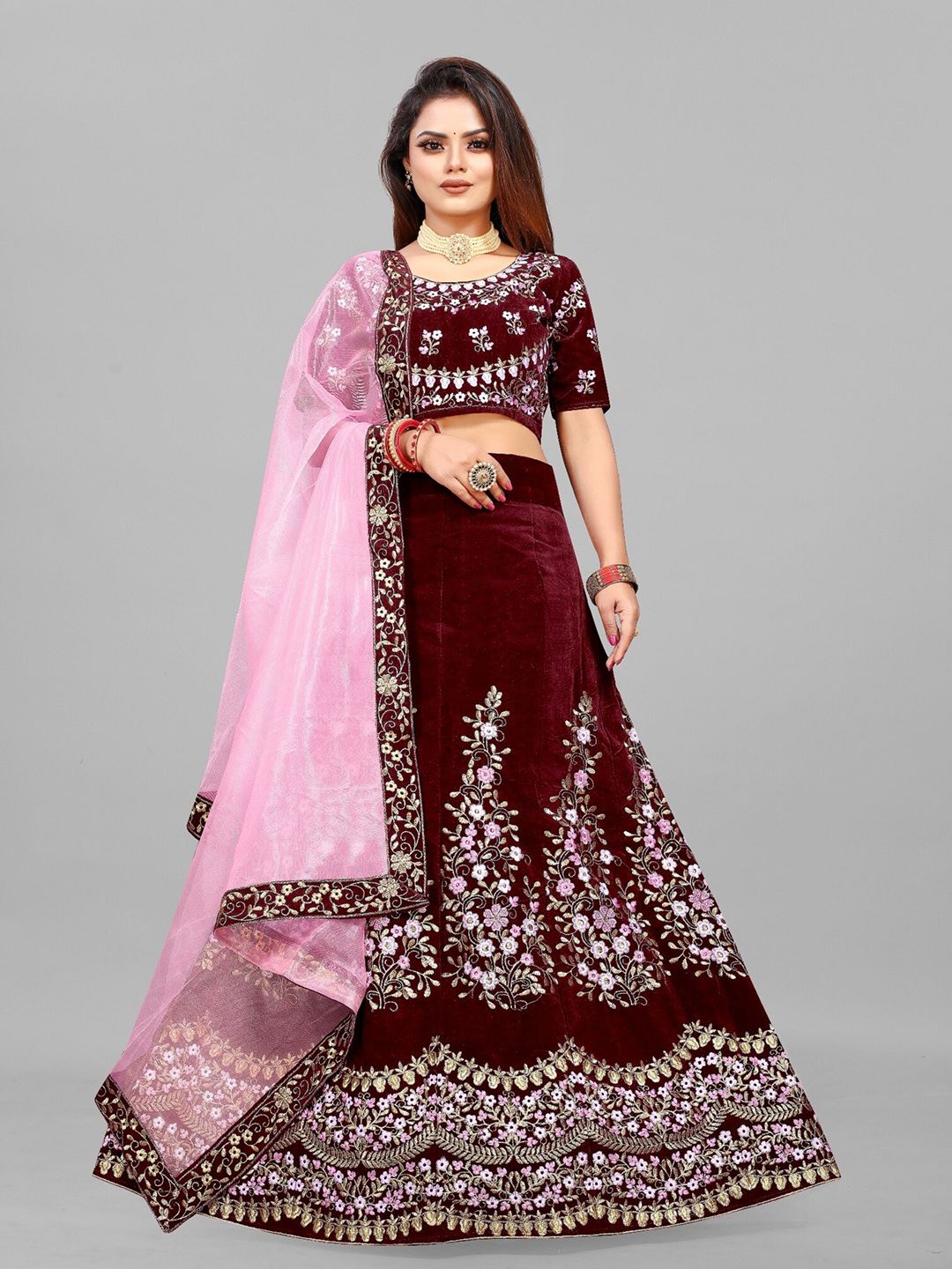 APNISHA Embroidered Velvet Semi-Stitched Lehenga & Unstitched Blouse With Dupatta
