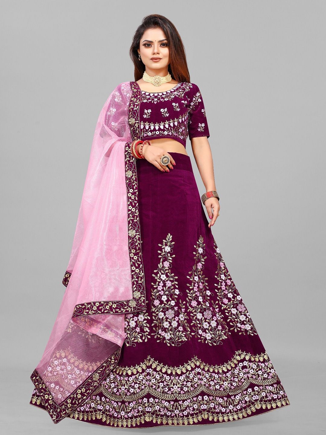 APNISHA Embroidered Thread Work Semi-Stitched Lehenga & Unstitched Blouse With Dupatta Price in India