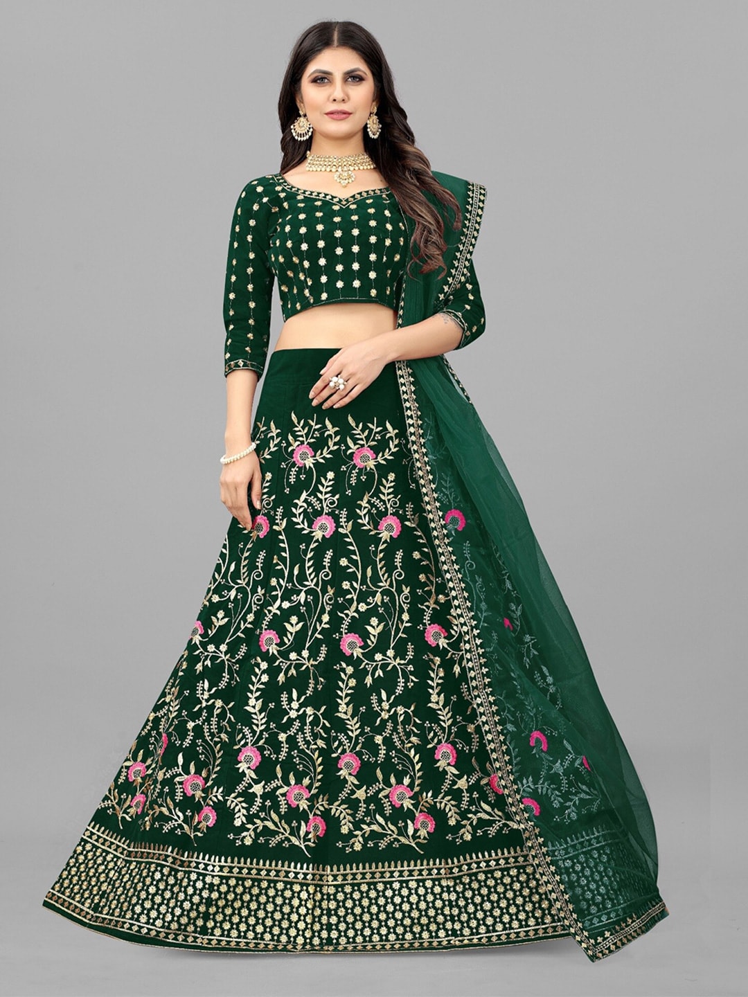 APNISHA Green & Gold-Toned Embroidered Thread Work Semi-Stitched Lehenga & Unstitched Blouse With Dupatta Price in India