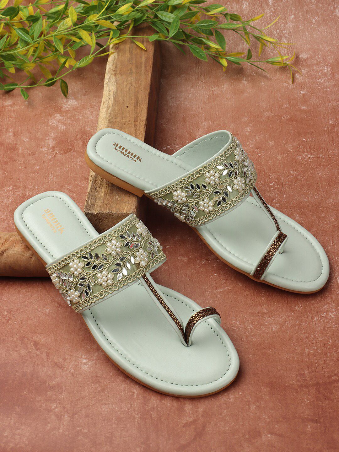 Anouk Sea Green & White Embellished Embroidered Open One Toe Flats Price in India