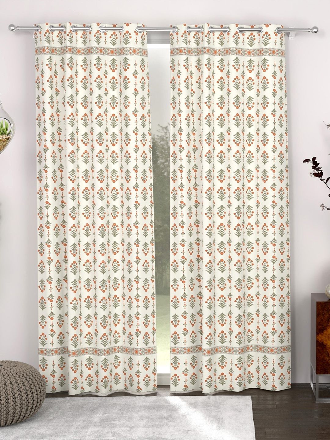 CHHAVI INDIA CHHAVI INDIA White & Orange 2 Pieces Floral Printed Door Curtains