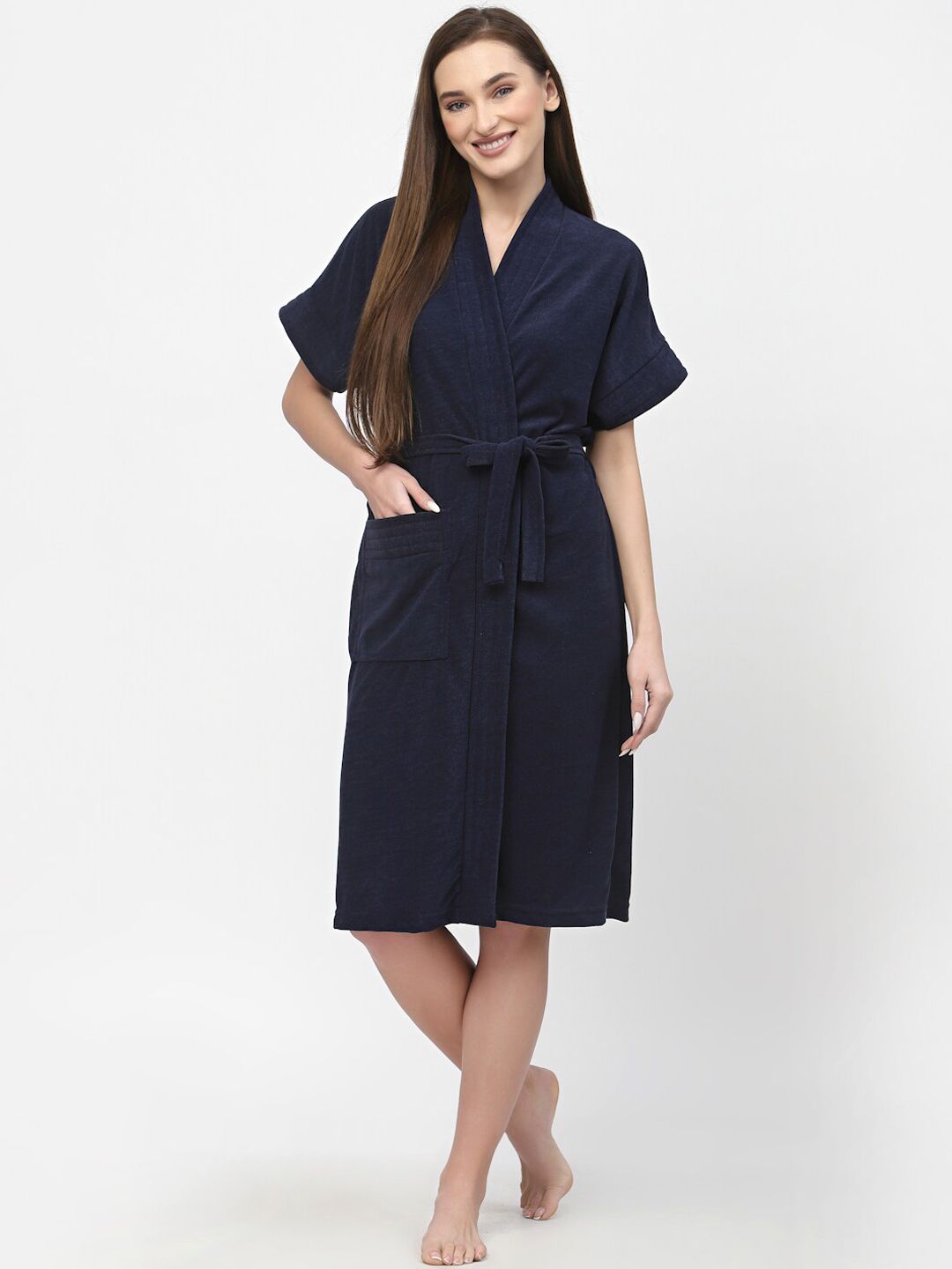 POORAK Navy Blue V-Neck Waist Tie-Up Terry Cotton Bath Robe