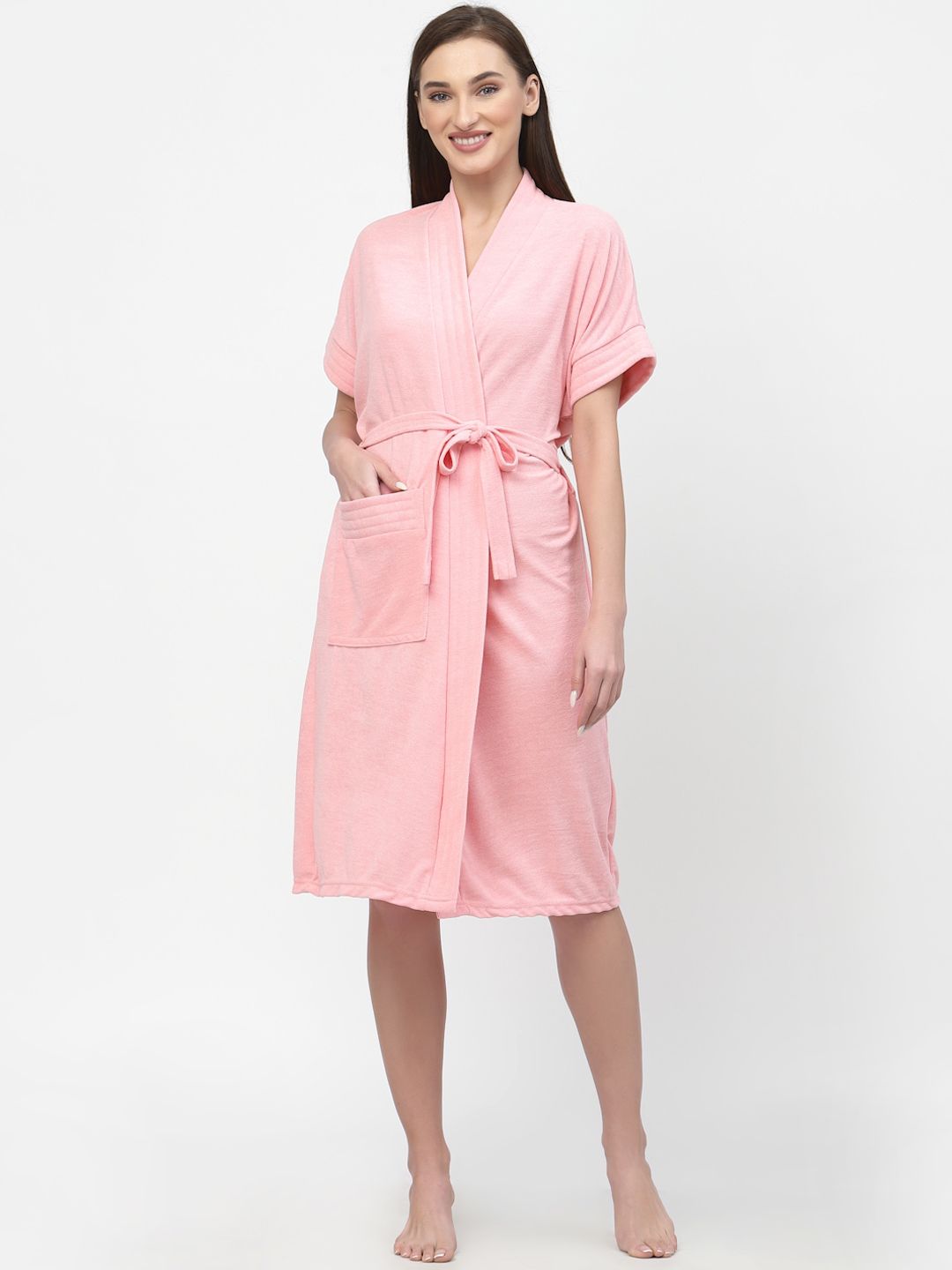 POORAK Pink V-Neck Waist Tie-Up Terry Cotton Bath Robe