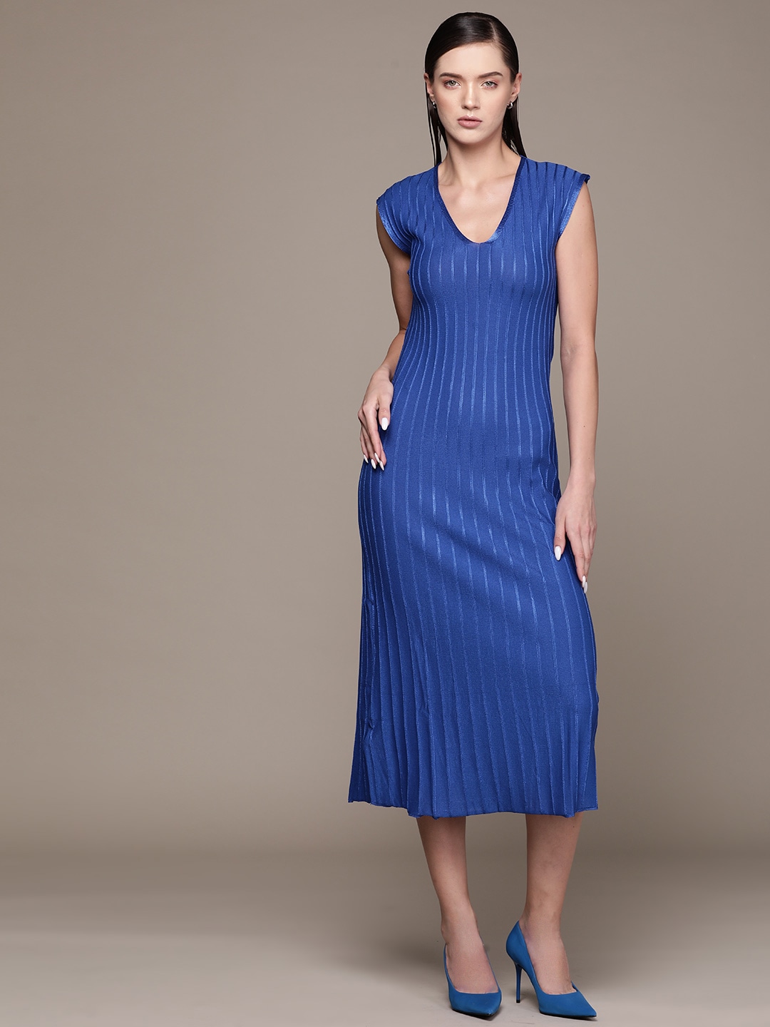 MANGO Self Striped A-Line Midi Dress Price in India