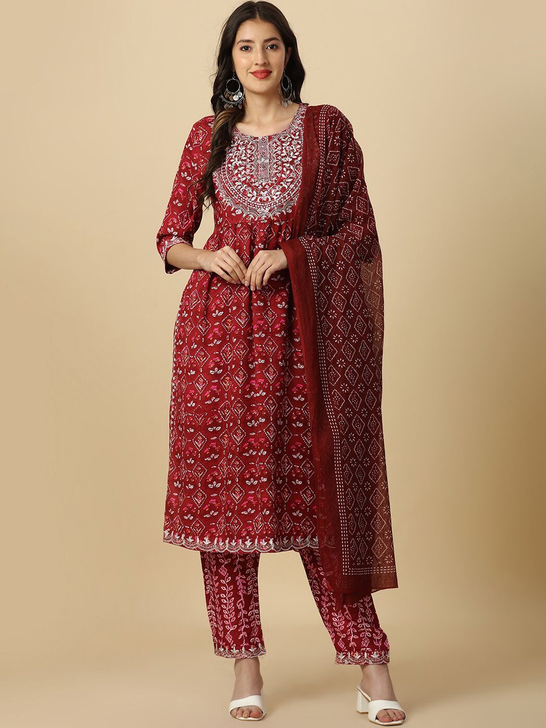 KALINI Women Maroon Embroidered Regular Thread Work Kurta with Pyjamas & With Dupatta Price in India