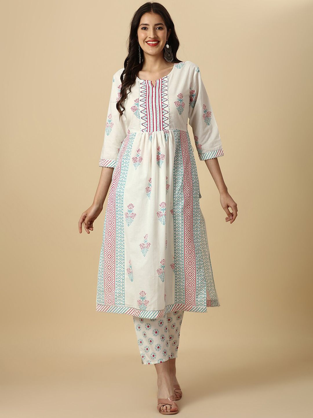 KALINI Floral Printed A-Line Pure Cotton Kurta with Trousers Price in India