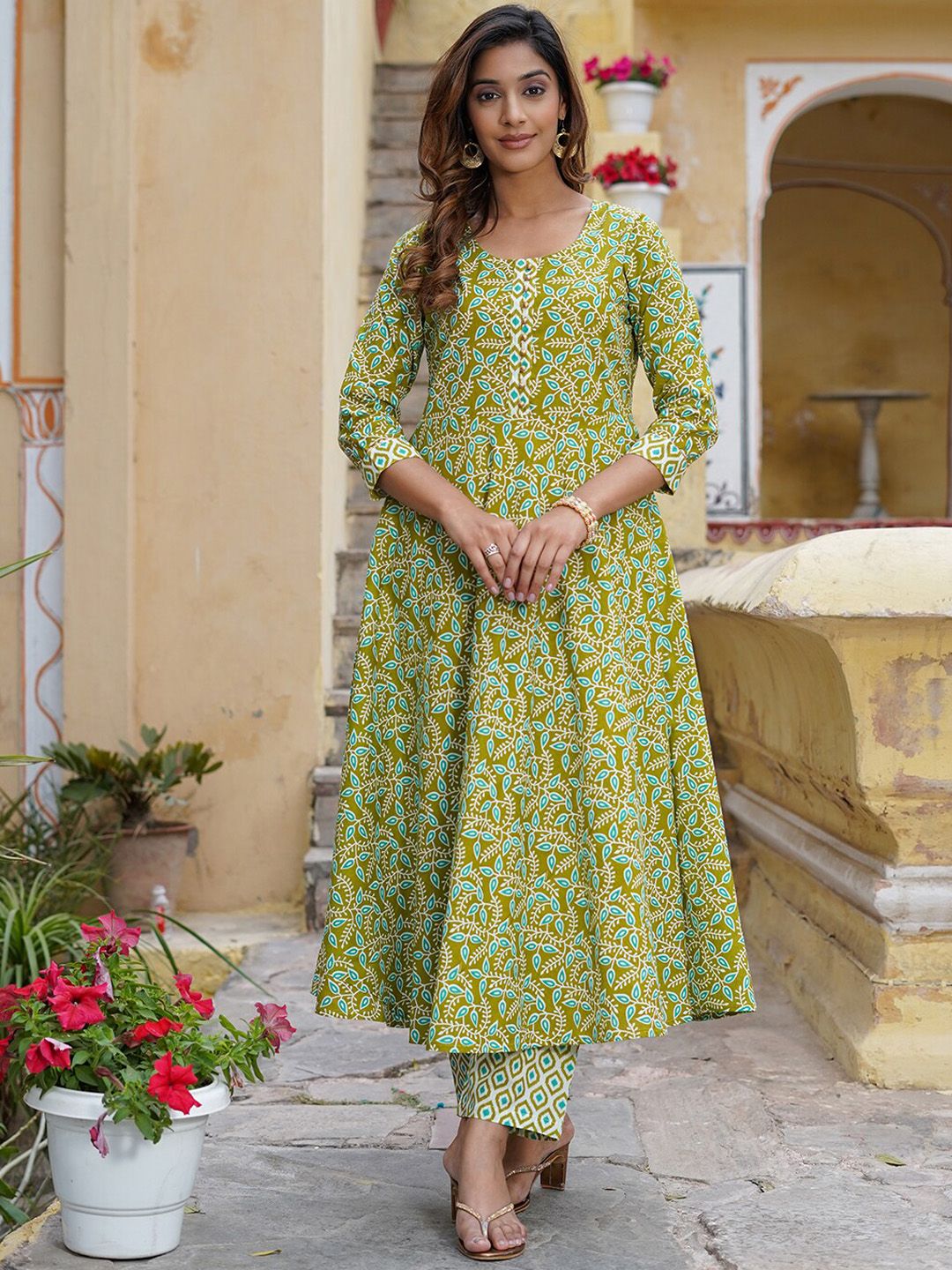 KALINI Floral Printed Gotta Patti Pure Cotton Kurta with Trousers & Dupatta Price in India
