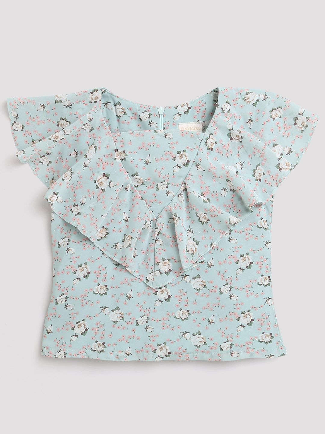 Tiny Girl Floral Printed V-Neck Cape Sleeves Top