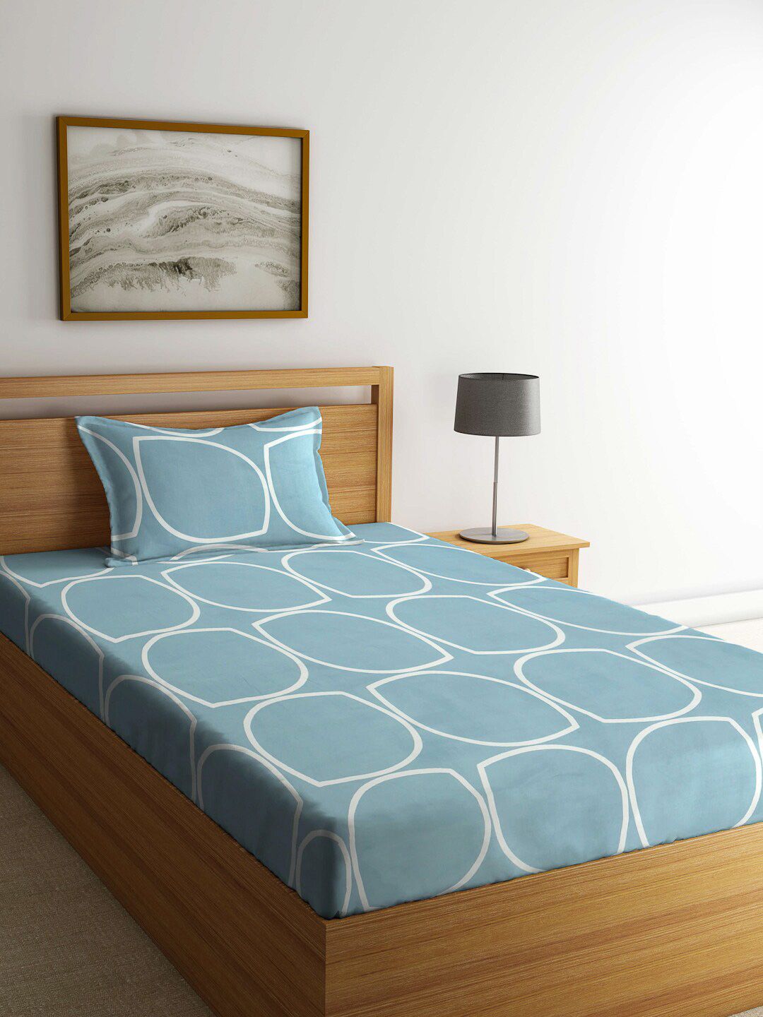 KLOTTHE Blue Geometric Cotton 300 TC Fitted Single Fine Bedsheet with a Pillow Cover-225 x 150 cm