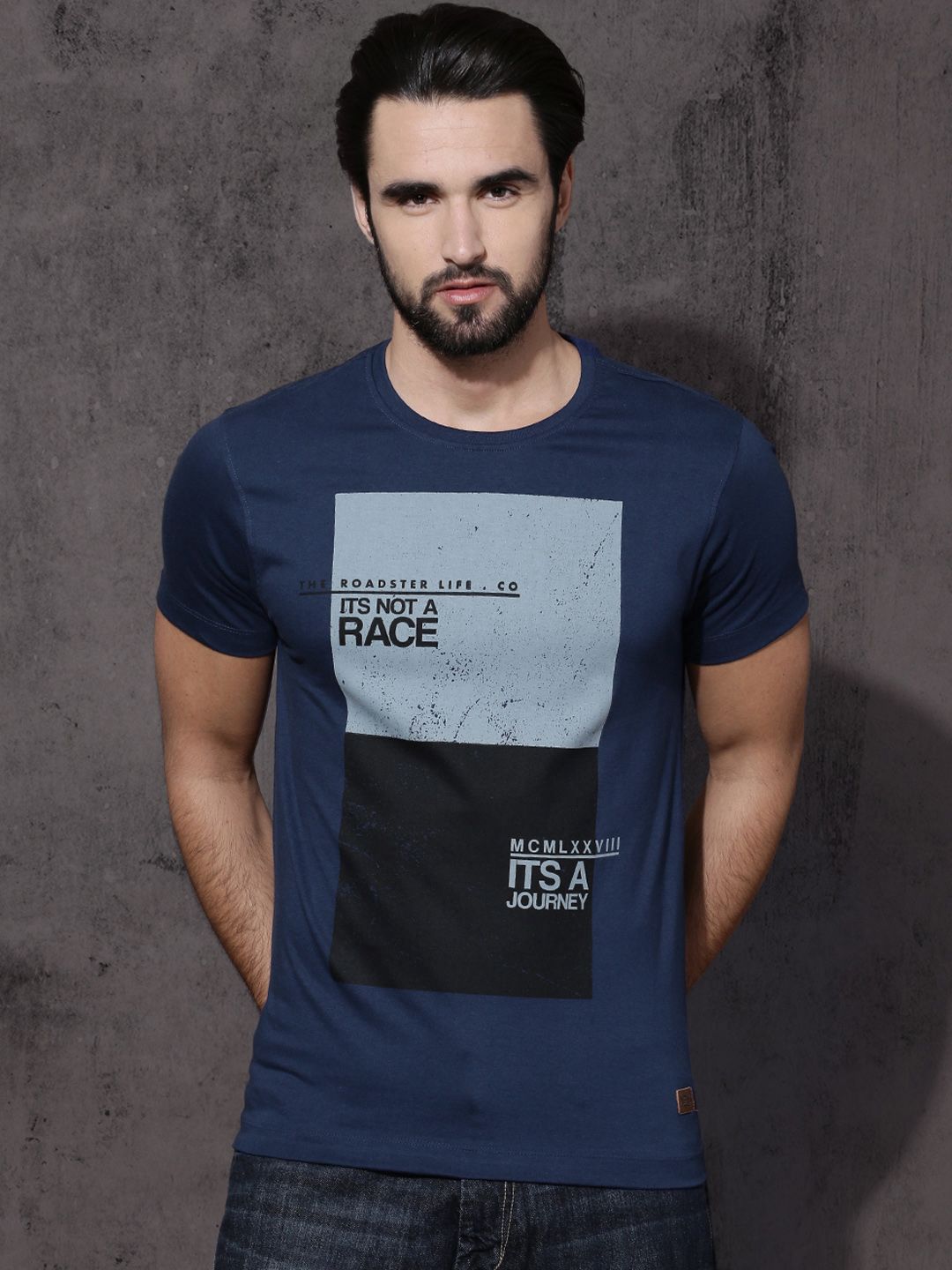 Roadster Men Navy Printed Round Neck T-shirt