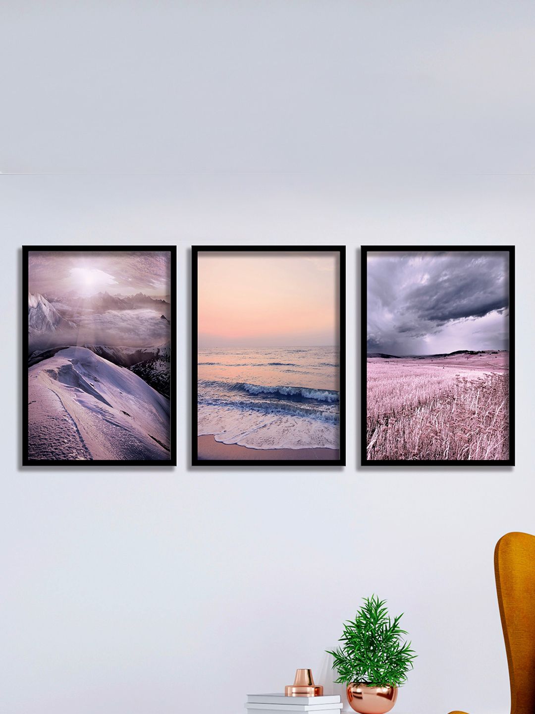 SAF 3-Pcs Purple & Blue Sea Waves & Mountain Painting Wall Art